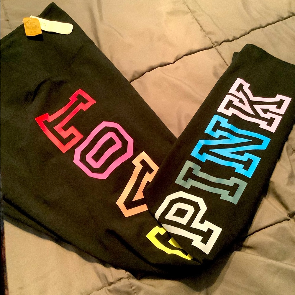 NWT black jogger PINK/Victoria’s Secret. XL “LOVE PINK”multi color down one leg.